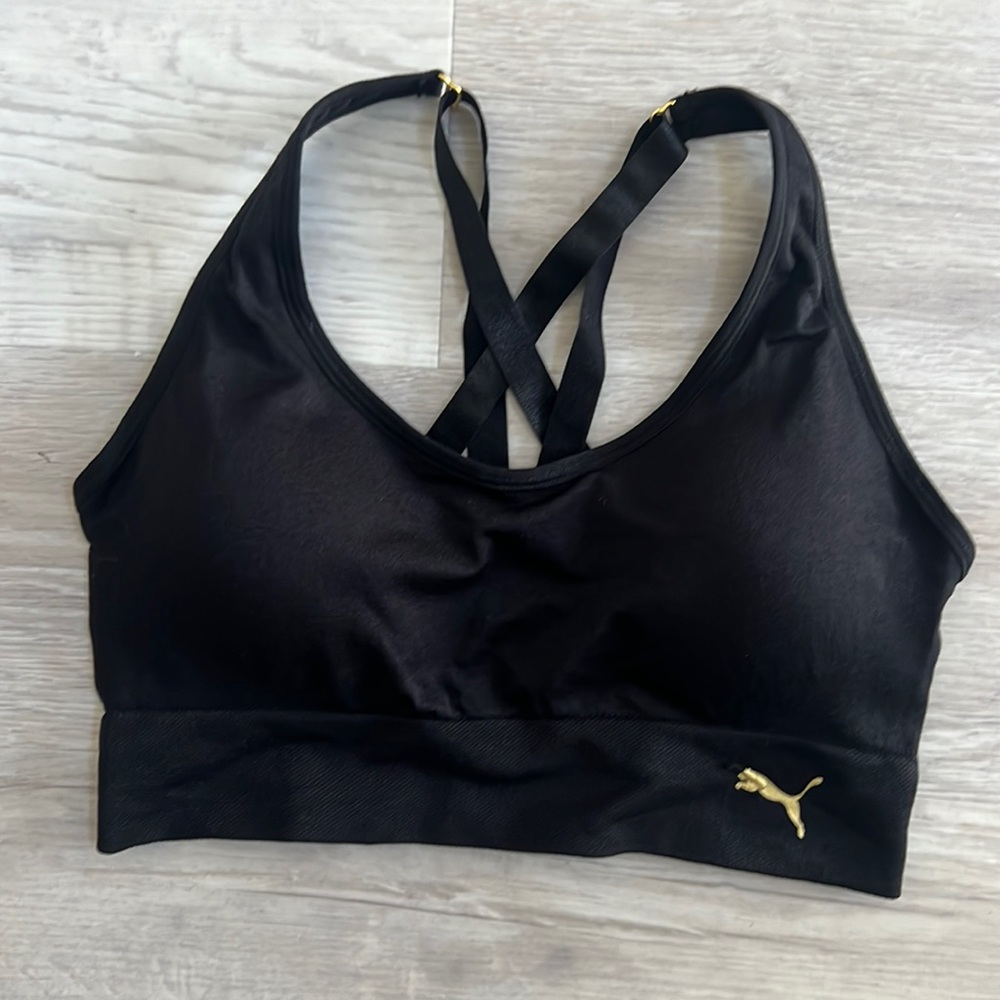 Puma Medium Black Crisscross Gold Logo Sports Bra